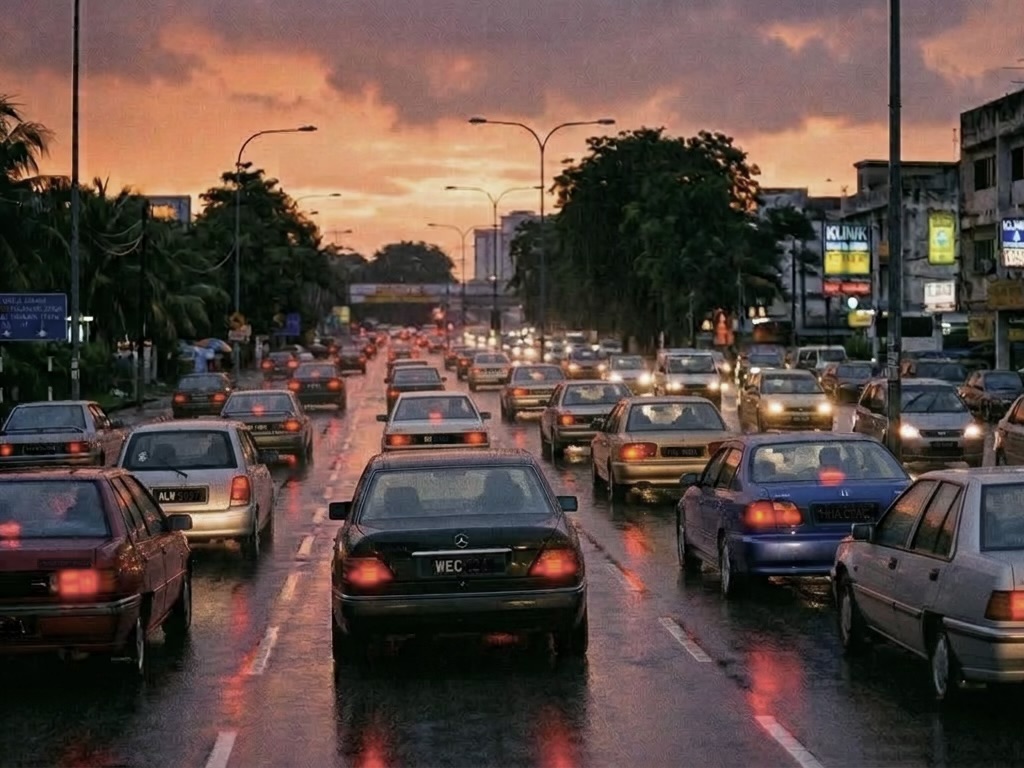 Traffic jam during sunset